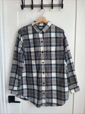L.L. Bean Women’s Cream, Blue & Brown Plaid Button-Down Shirt Size M